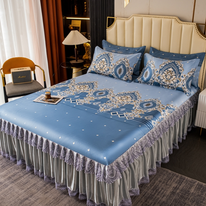 91家纺网 家纺一手货源 找家纺 美莱家纺 2023直播爆款冰丝凉席床裙款单件三件套可谈价 欧式风情