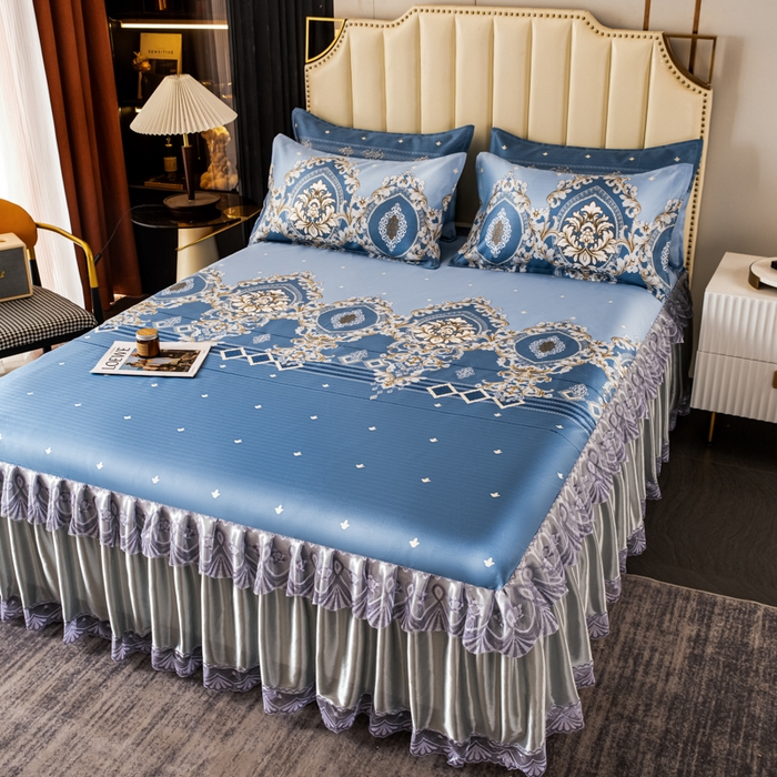 91家纺网 家纺一手货源 找家纺 美莱家纺 2023直播爆款冰丝凉席床裙款单件三件套可谈价 欧式风情