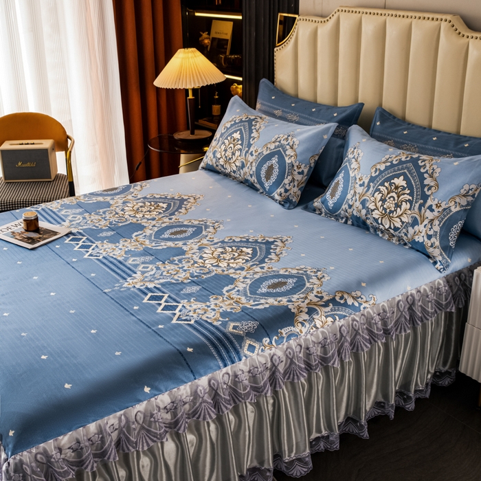 91家纺网 家纺一手货源 找家纺 美莱家纺 2023直播爆款冰丝凉席床裙款单件三件套可谈价 欧式风情