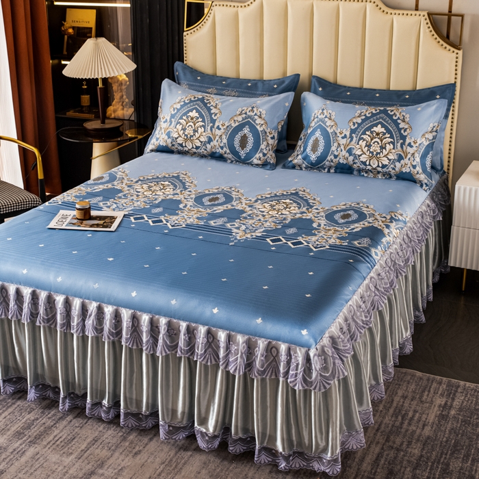 91家纺网 家纺一手货源 找家纺 美莱家纺 2023直播爆款冰丝凉席床裙款单件三件套可谈价 欧式风情