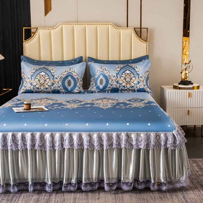 91家纺网 家纺一手货源 找家纺 美莱家纺 2023直播爆款冰丝凉席床裙款单件三件套可谈价 欧式风情