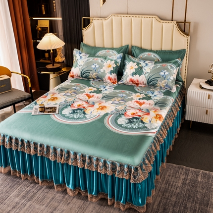 91家纺网 家纺一手货源 找家纺 美莱家纺 2023直播爆款冰丝凉席床裙款单件三件套可谈价 花花微语绿