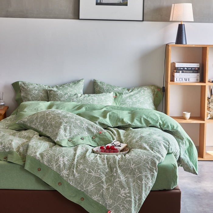 91家纺网 家纺一手货源 找家纺 安莱生活 2023新款双层纱大提花高奢工艺款四件套-疯狂生长 疯狂生长--草绿