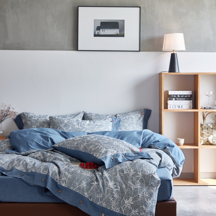 91家纺网 家纺一手货源 找家纺 安莱生活 2023新款双层纱大提花高奢工艺款四件套-疯狂生长 疯狂生长--牛仔蓝