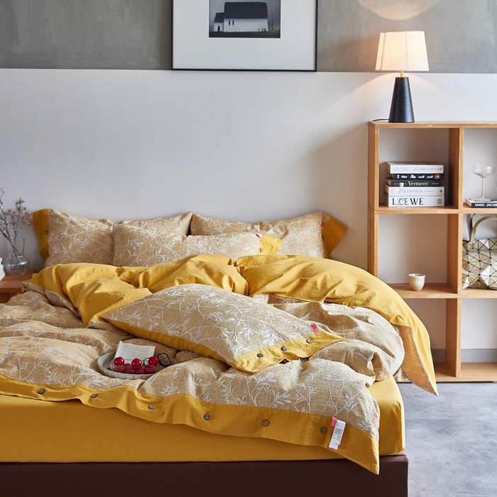 91家纺网 家纺一手货源 找家纺 安莱生活 2023新款双层纱大提花高奢工艺款四件套-疯狂生长 疯狂生长--姜黄