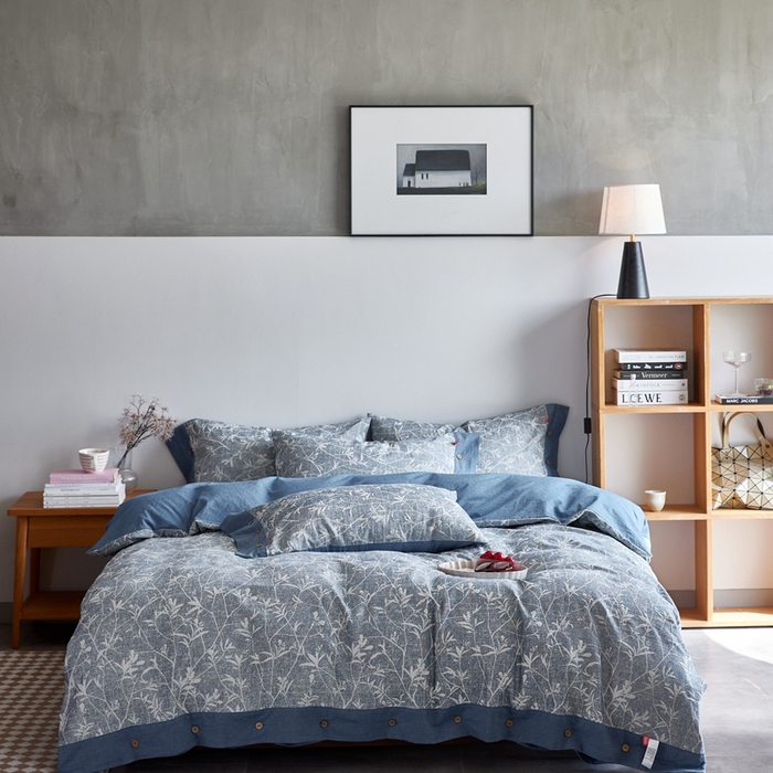 91家纺网 家纺一手货源 找家纺 安莱生活 2023新款双层纱大提花高奢工艺款四件套-疯狂生长 疯狂生长--牛仔蓝