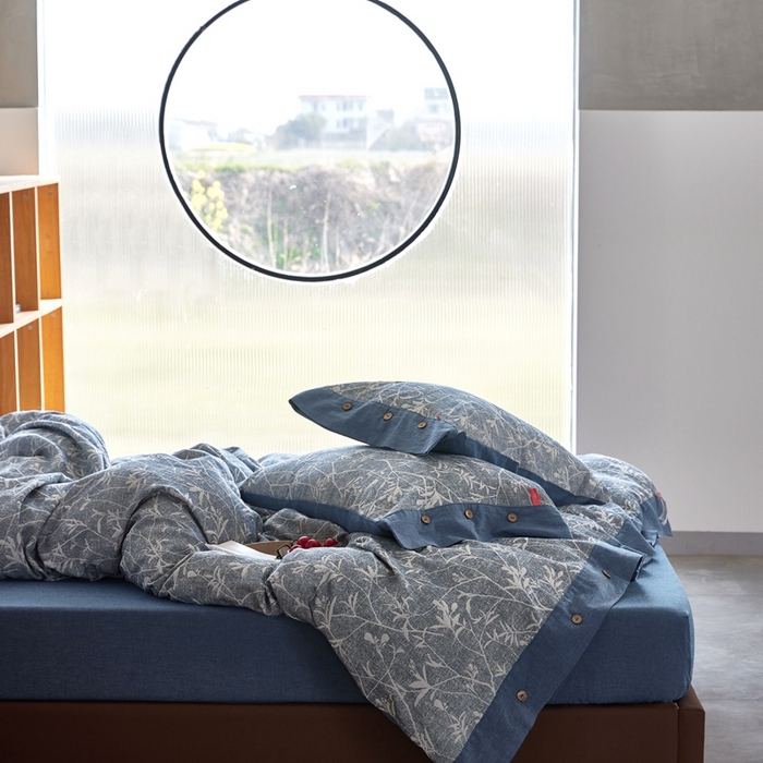 91家纺网 家纺一手货源 找家纺 安莱生活 2023新款双层纱大提花高奢工艺款四件套-疯狂生长 疯狂生长--牛仔蓝