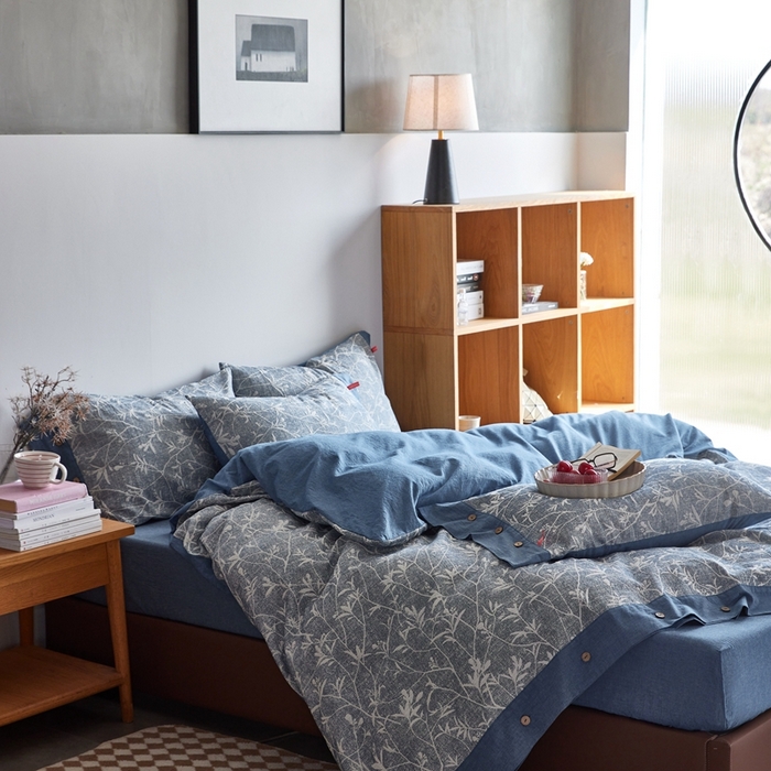 91家纺网 家纺一手货源 找家纺 安莱生活 2023新款双层纱大提花高奢工艺款四件套-疯狂生长 疯狂生长--牛仔蓝