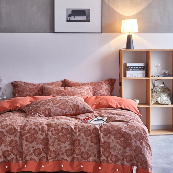 91家纺网 家纺一手货源 找家纺 安莱生活 2023新款双层纱大提花高奢工艺款四件套-虞美人 虞美人--锈红