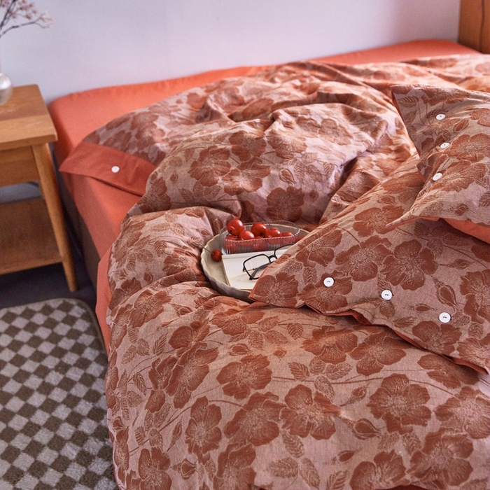 91家纺网 家纺一手货源 找家纺 安莱生活 2023新款双层纱大提花高奢工艺款四件套-虞美人 虞美人--锈红