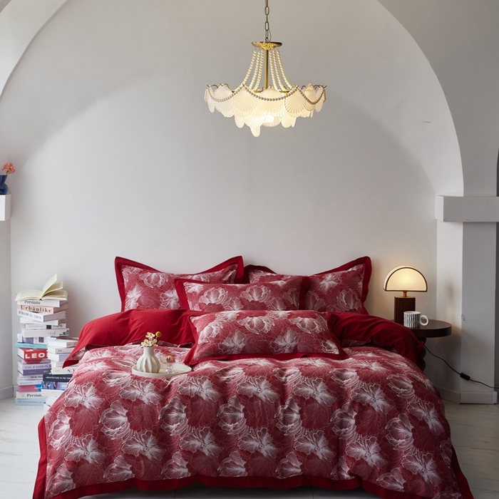 91家纺网 家纺一手货源 找家纺 安莱生活 2023新品双层纱大提花高奢工艺款四件套-国色天香系列 国色天香--大红