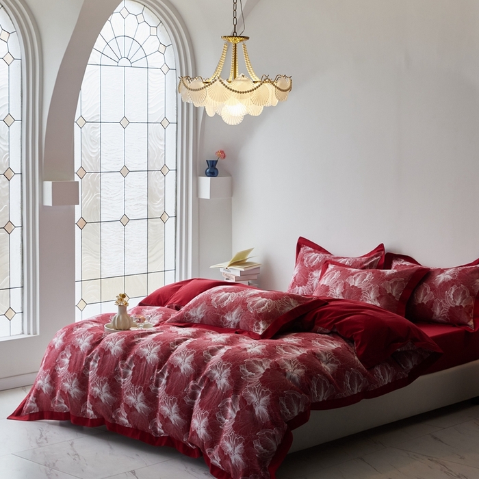 91家纺网 家纺一手货源 找家纺 安莱生活 2023新品双层纱大提花高奢工艺款四件套-国色天香系列 国色天香--大红