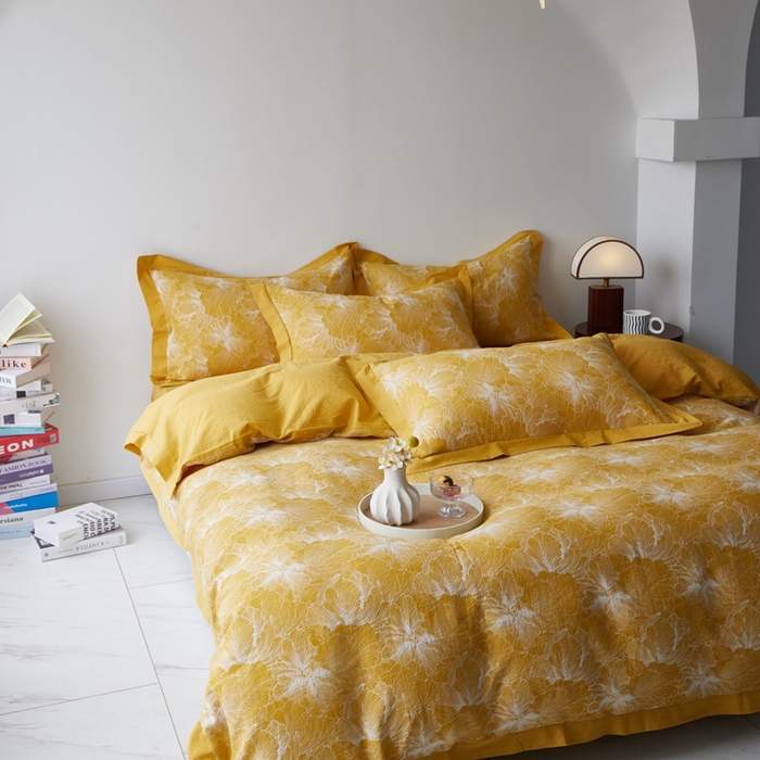 91家纺网 家纺一手货源 找家纺 安莱生活 2023新品双层纱大提花高奢工艺款四件套-国色天香系列 国色天香--姜黄