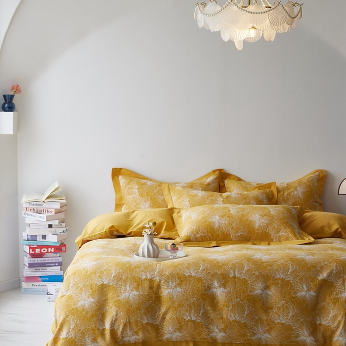 91家纺网 家纺一手货源 找家纺 安莱生活 2023新品双层纱大提花高奢工艺款四件套-国色天香系列 国色天香--姜黄