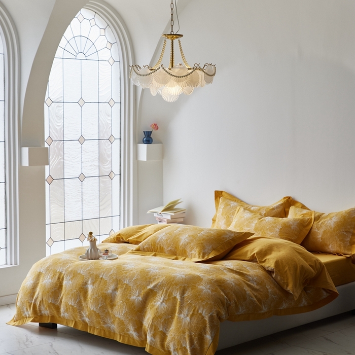 91家纺网 家纺一手货源 找家纺 安莱生活 2023新品双层纱大提花高奢工艺款四件套-国色天香系列 国色天香--姜黄