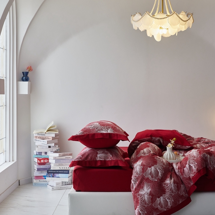 91家纺网 家纺一手货源 找家纺 安莱生活 2023新品双层纱大提花高奢工艺款四件套-国色天香系列 国色天香--大红