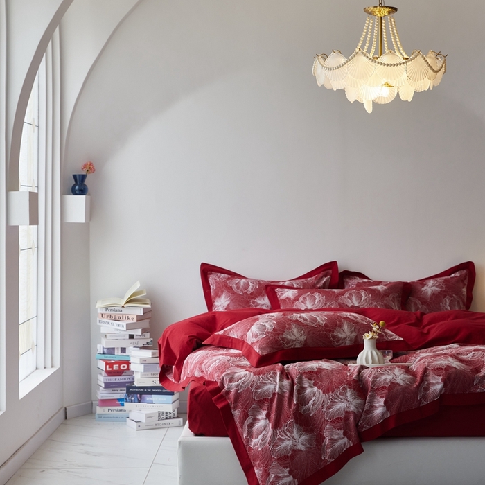 91家纺网 家纺一手货源 找家纺 安莱生活 2023新品双层纱大提花高奢工艺款四件套-国色天香系列 国色天香--大红