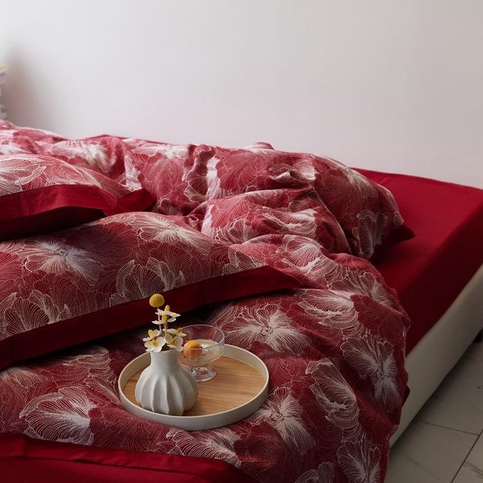 91家纺网 家纺一手货源 找家纺 安莱生活 2023新品双层纱大提花高奢工艺款四件套-国色天香系列 国色天香--大红