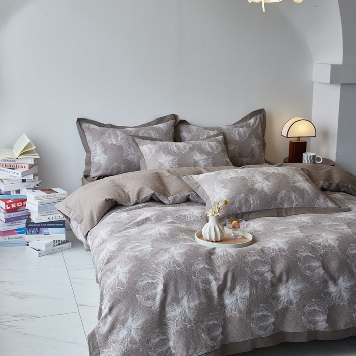 91家纺网 家纺一手货源 找家纺 安莱生活 2023新品双层纱大提花高奢工艺款四件套-国色天香系列 国色天香--浅灰