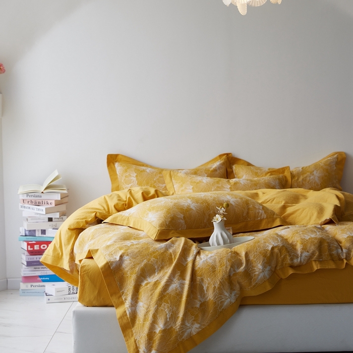 91家纺网 家纺一手货源 找家纺 安莱生活 2023新品双层纱大提花高奢工艺款四件套-国色天香系列 国色天香--姜黄