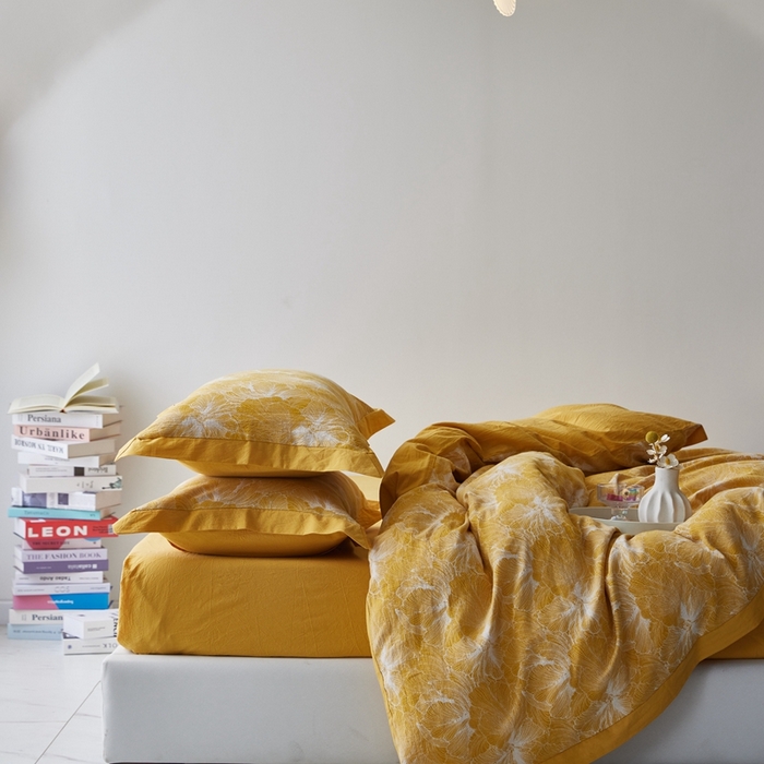 91家纺网 家纺一手货源 找家纺 安莱生活 2023新品双层纱大提花高奢工艺款四件套-国色天香系列 国色天香--姜黄