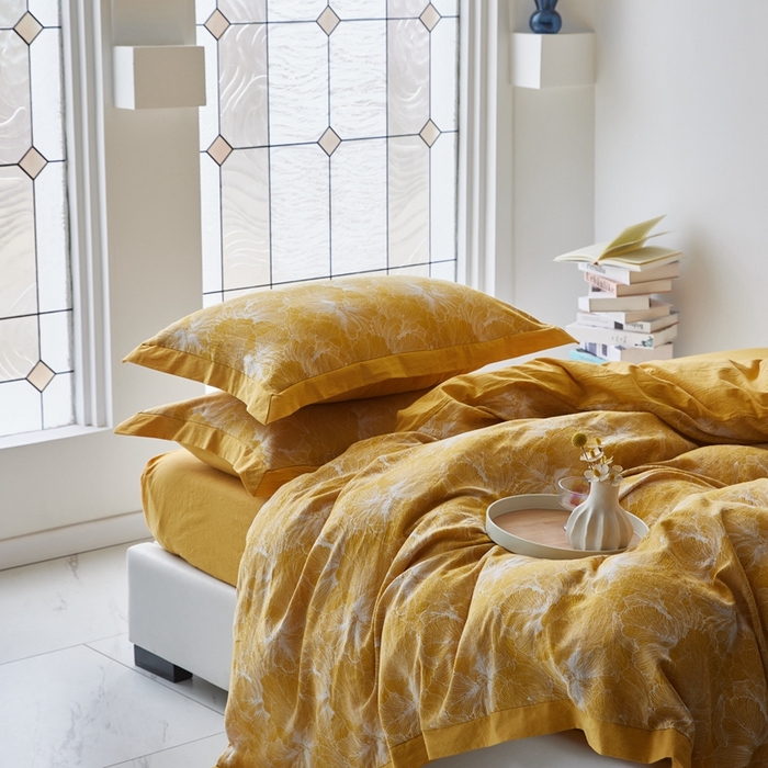 91家纺网 家纺一手货源 找家纺 安莱生活 2023新品双层纱大提花高奢工艺款四件套-国色天香系列 国色天香--姜黄