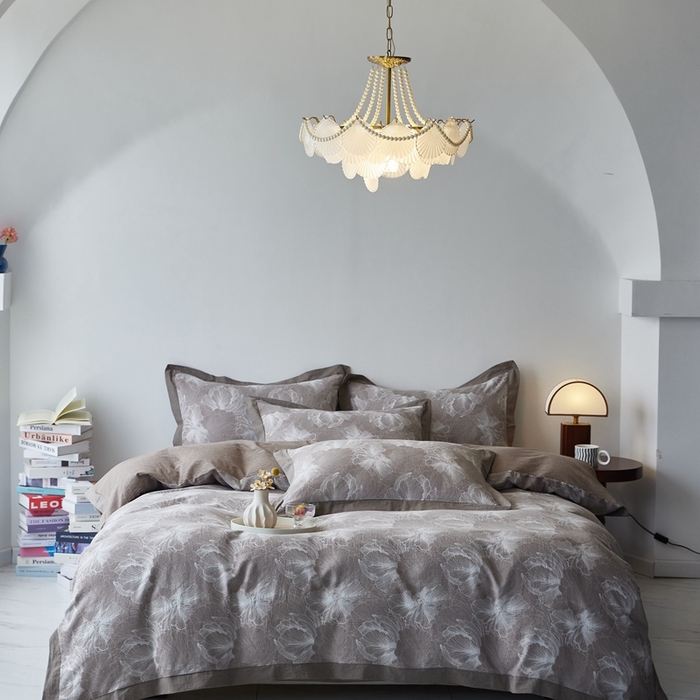 91家纺网 家纺一手货源 找家纺 安莱生活 2023新品双层纱大提花高奢工艺款四件套-国色天香系列 国色天香--浅灰