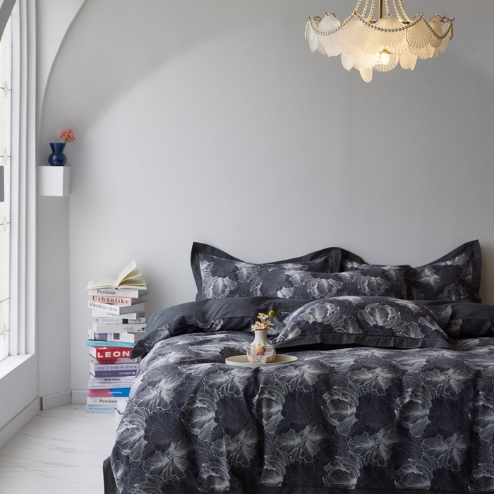 91家纺网 家纺一手货源 找家纺 安莱生活 2023新品双层纱大提花高奢工艺款四件套-国色天香系列 国色天香--深灰