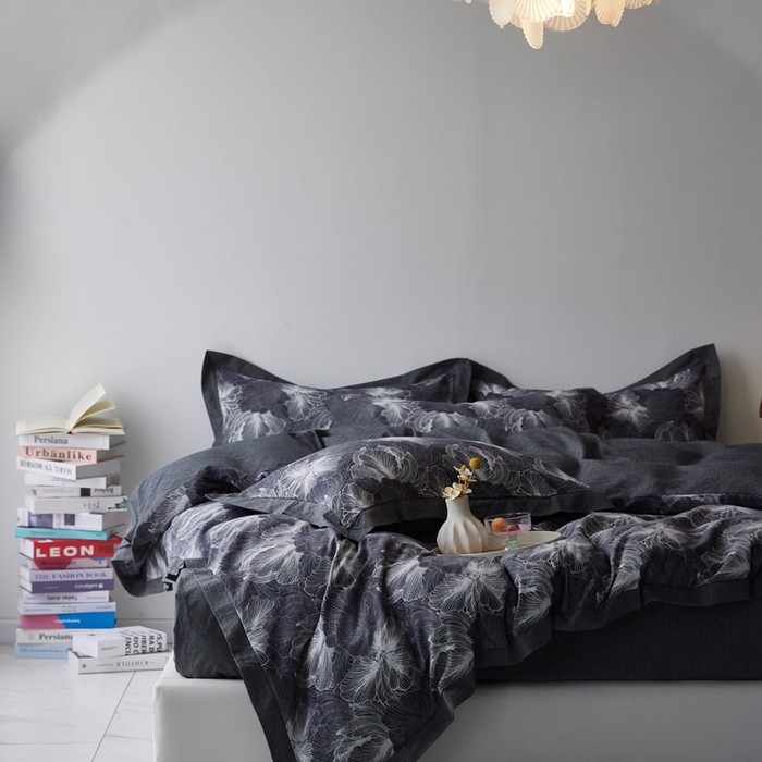 91家纺网 家纺一手货源 找家纺 安莱生活 2023新品双层纱大提花高奢工艺款四件套-国色天香系列 国色天香--深灰