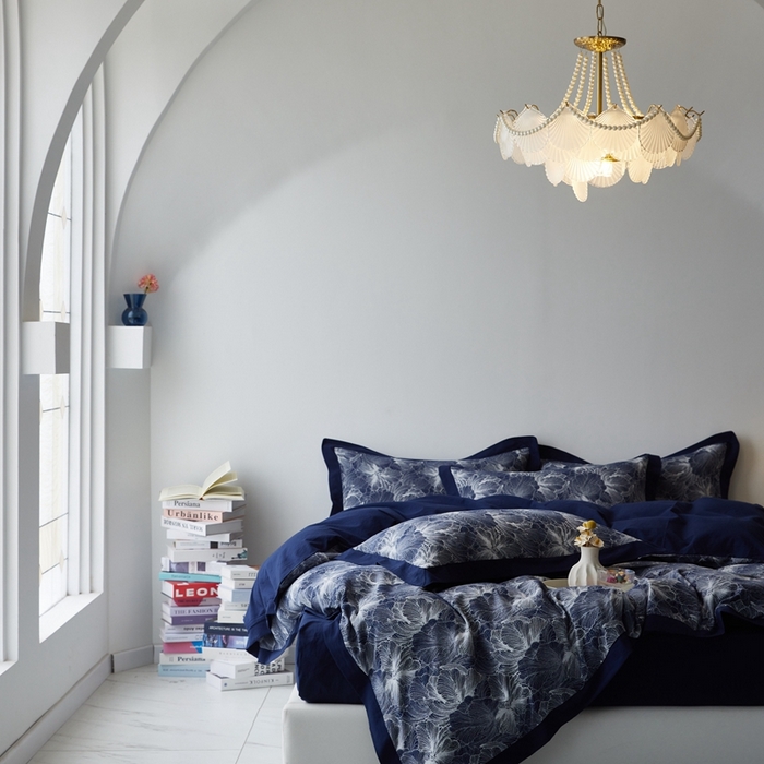 91家纺网 家纺一手货源 找家纺 安莱生活 2023新品双层纱大提花高奢工艺款四件套-国色天香系列 国色天香--深蓝