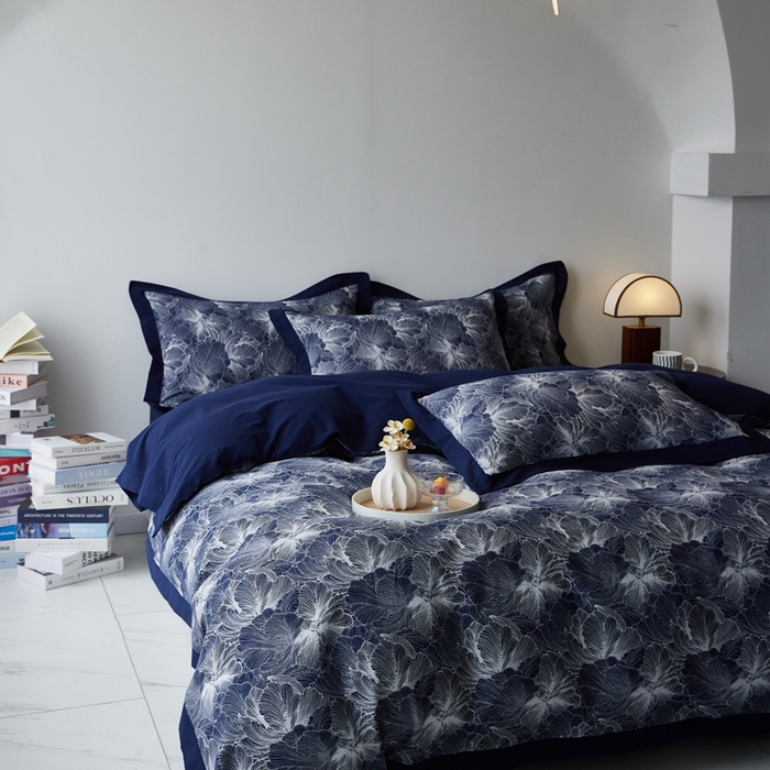 91家纺网 家纺一手货源 找家纺 安莱生活 2023新品双层纱大提花高奢工艺款四件套-国色天香系列 国色天香--深蓝