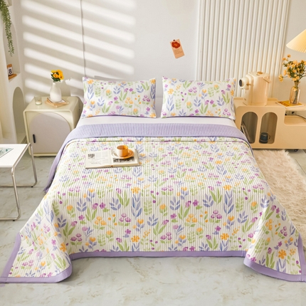 圣比熊A类水洗棉麻床盖大豆纤维夹棉加厚宿舍铺盖两用床单床裙保护垫 爱的花海 紫