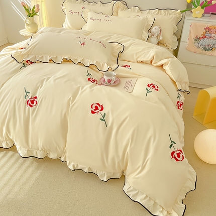 韩都家居 2023新款花边刺绣玫瑰之约系列四件套 玫瑰之约-红