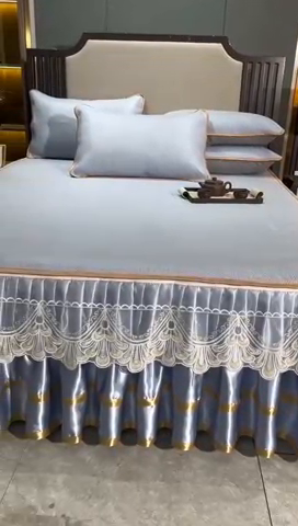 91家纺网 家纺一手货源 找家纺 罗艺轩 2024新款可拆卸床裙款冰藤席 富贵旺族-蓝