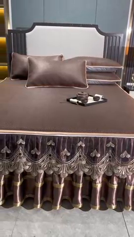 91家纺网 家纺一手货源 找家纺 罗艺轩 2024新款可拆卸床裙款冰藤席 富贵旺族-深咖