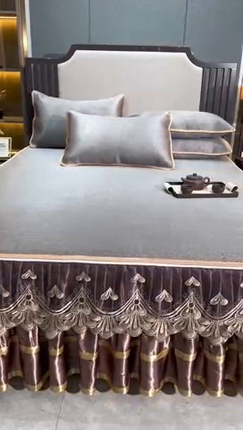 91家纺网 家纺一手货源 找家纺 罗艺轩 2024新款可拆卸床裙款冰藤席 富贵旺族-奶咖