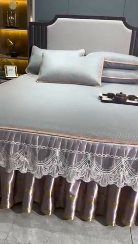 91家纺网 家纺一手货源 找家纺 罗艺轩 2024新款可拆卸床裙款冰藤席 富贵旺族-灰