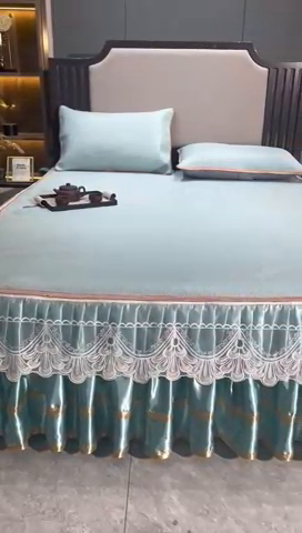 91家纺网 家纺一手货源 找家纺 罗艺轩 2024新款可拆卸床裙款冰藤席 富贵旺族-薄荷