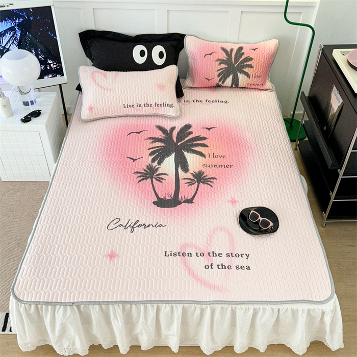 91家纺网 家纺一手货源 找家纺 昔可家纺 2023新款ins简约风乳胶凉席 粉色晕染椰树