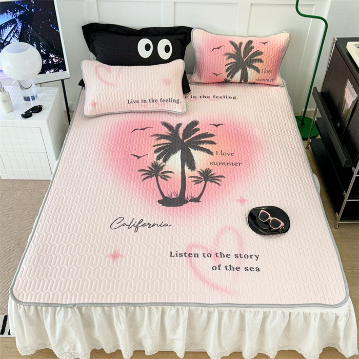 91家纺网 家纺一手货源 找家纺 昔可家纺 2023新款ins简约风乳胶凉席 粉色晕染椰树