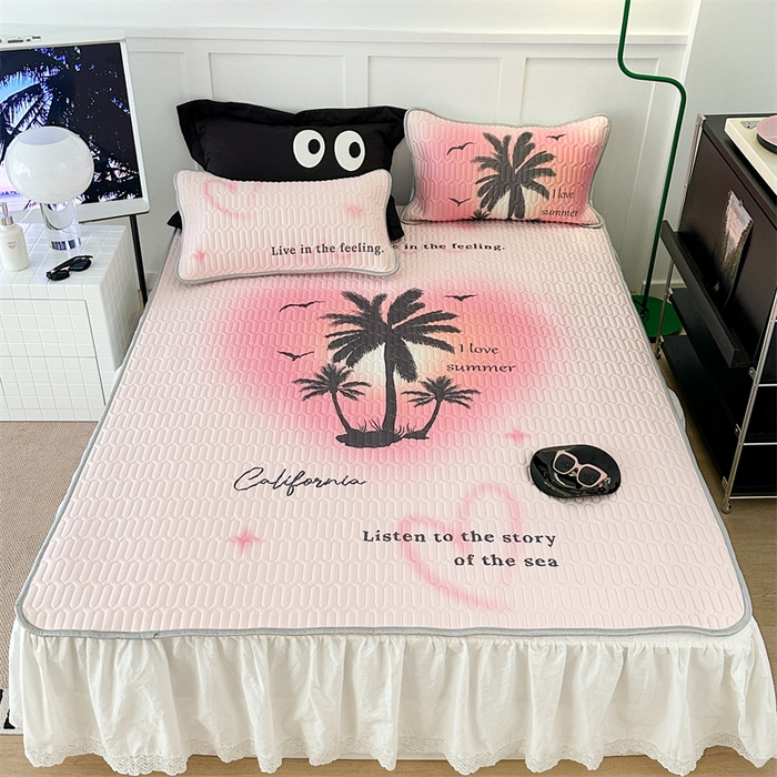 91家纺网 家纺一手货源 找家纺 昔可家纺 2023新款ins简约风乳胶凉席 粉色晕染椰树