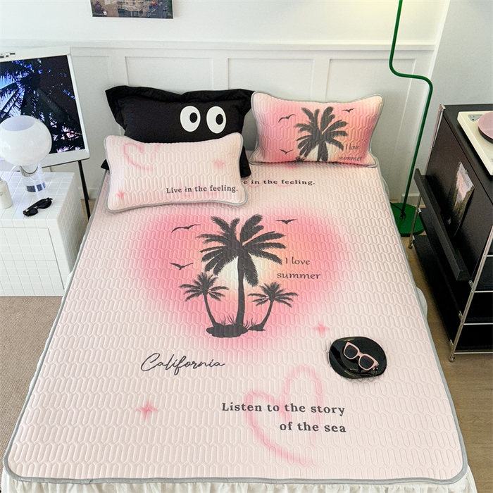 91家纺网 家纺一手货源 找家纺 昔可家纺 2023新款ins简约风乳胶凉席 粉色晕染椰树