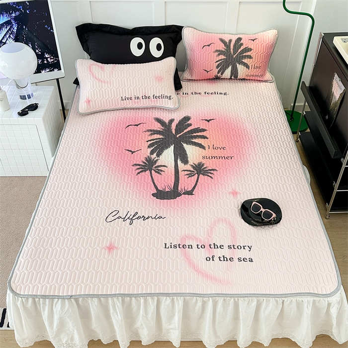 91家纺网 家纺一手货源 找家纺 昔可家纺 2023新款ins简约风乳胶凉席 粉色晕染椰树