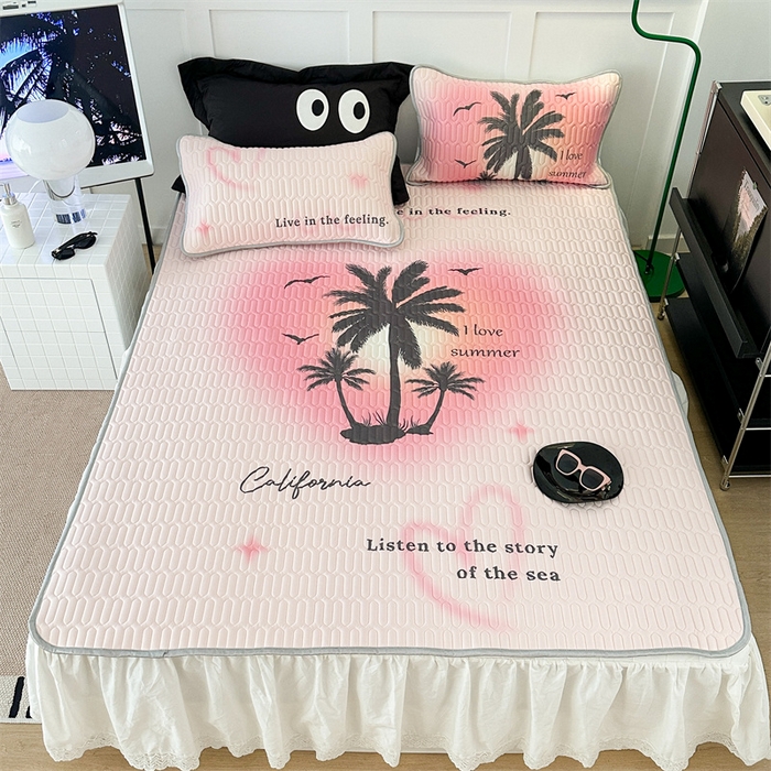 91家纺网 家纺一手货源 找家纺 昔可家纺 2023新款ins简约风乳胶凉席 粉色晕染椰树