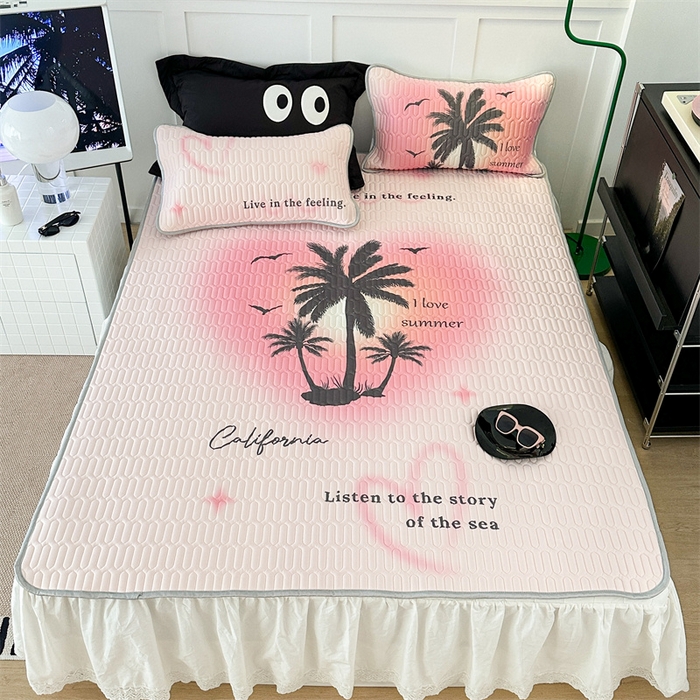 91家纺网 家纺一手货源 找家纺 昔可家纺 2023新款ins简约风乳胶凉席 粉色晕染椰树