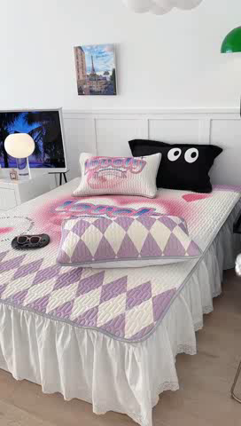 91家纺网 家纺一手货源 找家纺 昔可家纺 2023新款ins简约风乳胶凉席 紫菱格爱心