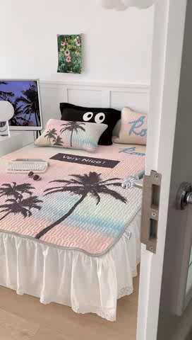 91家纺网 家纺一手货源 找家纺 昔可家纺 2023新款ins简约风乳胶凉席 日落椰树