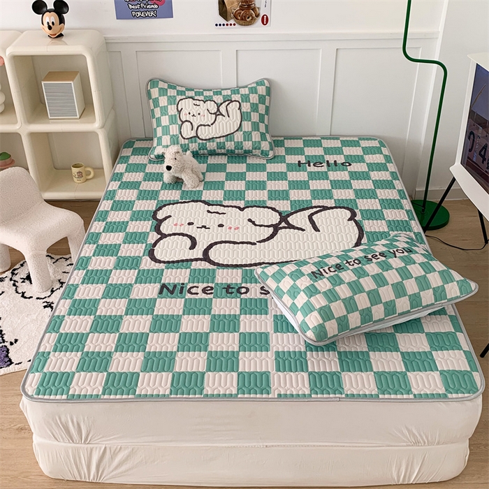 91家纺网 家纺一手货源 找家纺 昔可家纺 2023新款大版卡通乳胶凉席第二批 绿色棋盘格狗