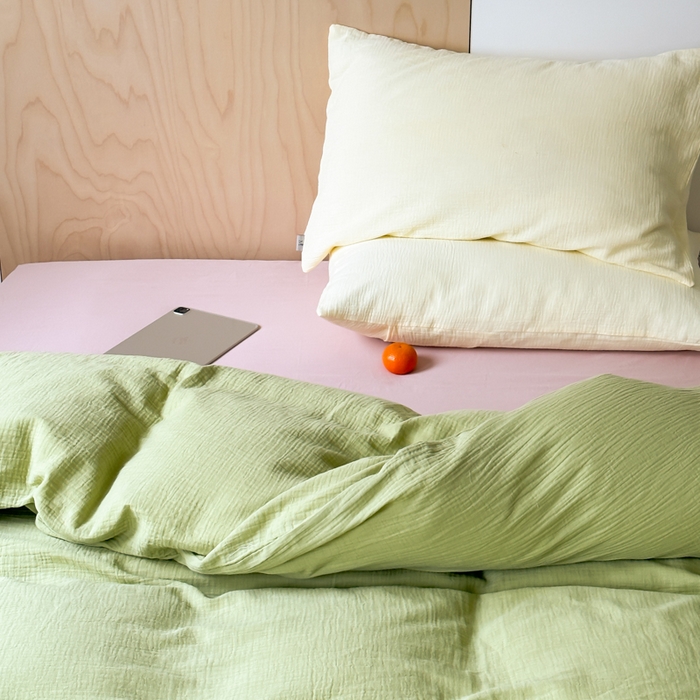 91家纺网 家纺一手货源 找家纺 （总）玛奇朵 2023新品ins混搭风双层皱皱纱四件套