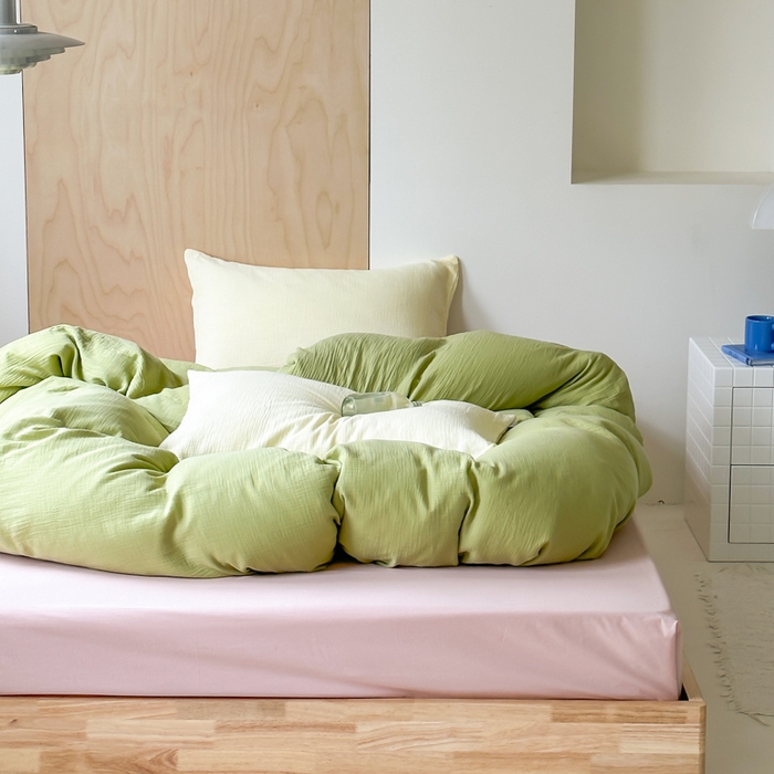 91家纺网 家纺一手货源 找家纺 玛奇朵 2023新品ins混搭风双层皱皱纱四件套 Good抹柠